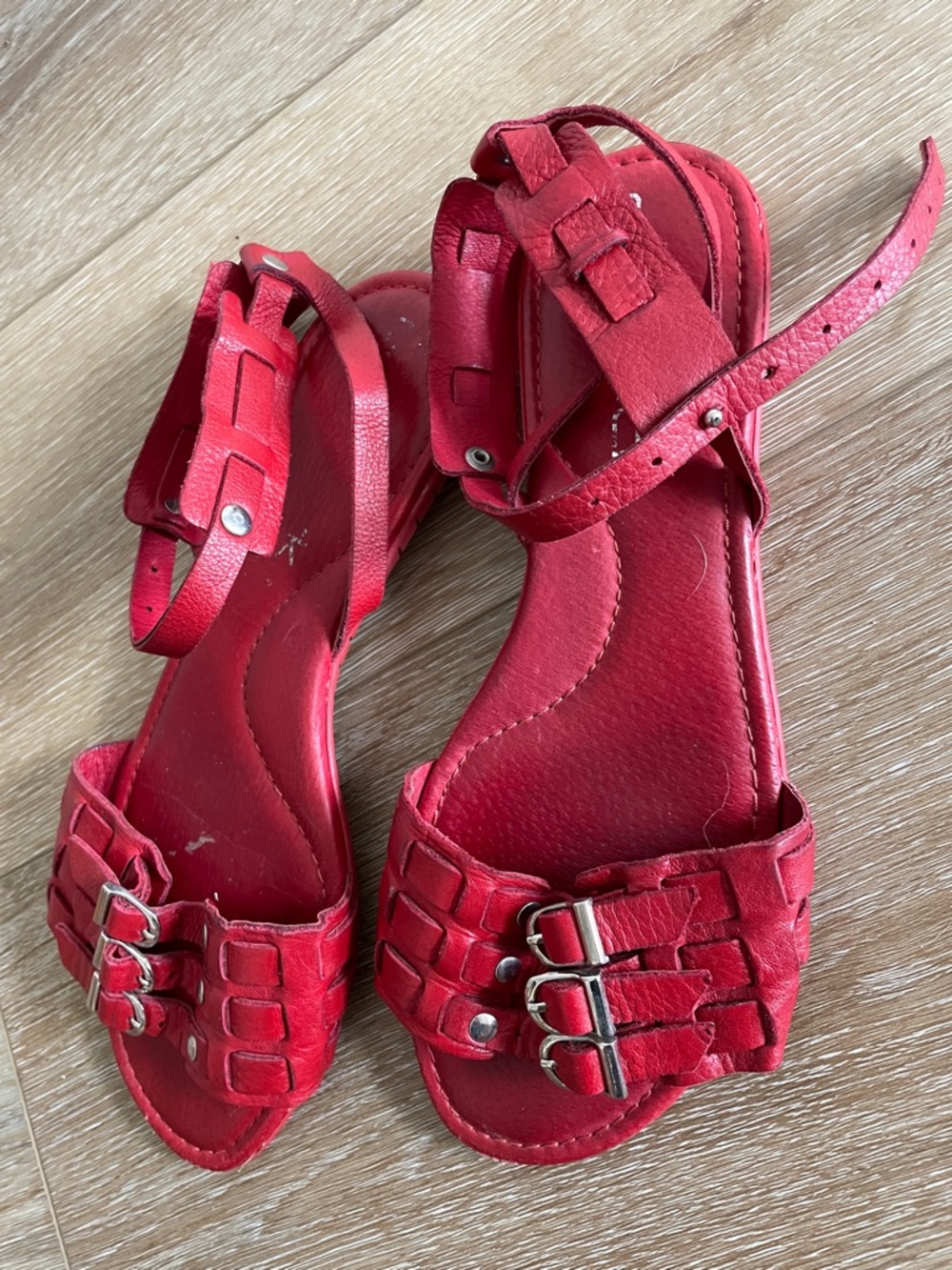 Y2K - Daniblack Red Women's Ankle-Strap Sandals with Buckle Detail Sz 8.5 M